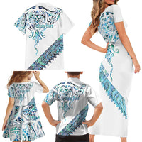Kahui Whetu Paua shell Kowhaiwhai Taniko Personalised Family Matching Short Sleeve Bodycon Dress and Hawaiian Shirt Manta Ray Shark-Turtle Maori Tribal Style