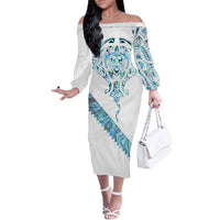 Kahui Whetu Paua shell Kowhaiwhai Taniko Personalised Off The Shoulder Long Sleeve Dress Manta Ray Shark-Turtle Maori Tribal Style
