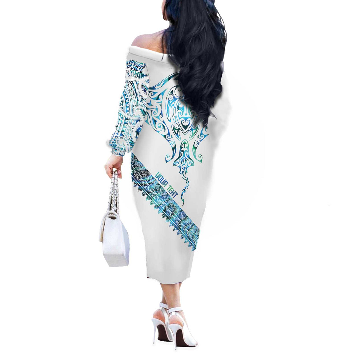 Kahui Whetu Paua shell Kowhaiwhai Taniko Personalised Off The Shoulder Long Sleeve Dress Manta Ray Shark-Turtle Maori Tribal Style