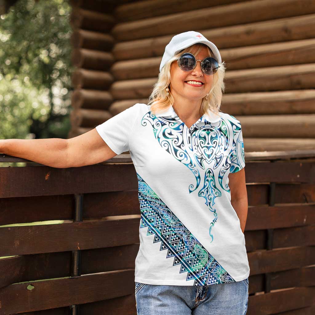 Kahui Whetu Paua shell Kowhaiwhai Taniko Personalised Women Polo Shirt Manta Ray Shark-Turtle Maori Tribal Style