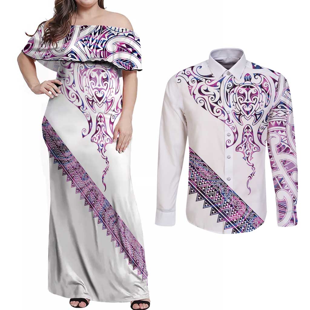 Mawhero Paua shell Kowhaiwhai Taniko Personalised Couples Matching Off Shoulder Maxi Dress and Long Sleeve Button Shirt Manta Ray Shark-Turtle Maori Tribal Style