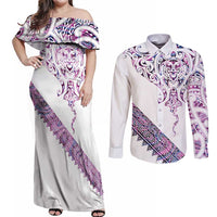 Mawhero Paua shell Kowhaiwhai Taniko Personalised Couples Matching Off Shoulder Maxi Dress and Long Sleeve Button Shirt Manta Ray Shark-Turtle Maori Tribal Style