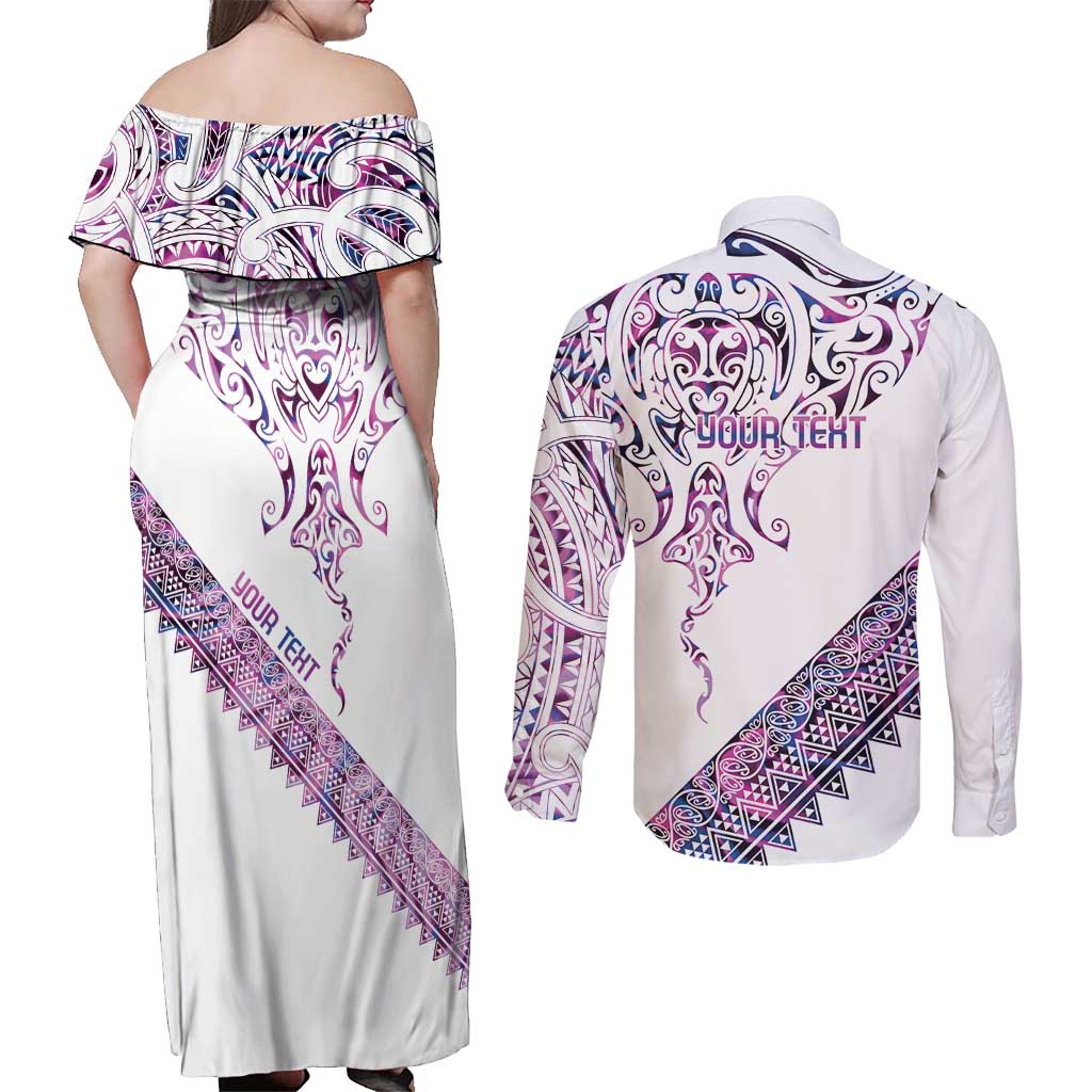 Mawhero Paua shell Kowhaiwhai Taniko Personalised Couples Matching Off Shoulder Maxi Dress and Long Sleeve Button Shirt Manta Ray Shark-Turtle Maori Tribal Style