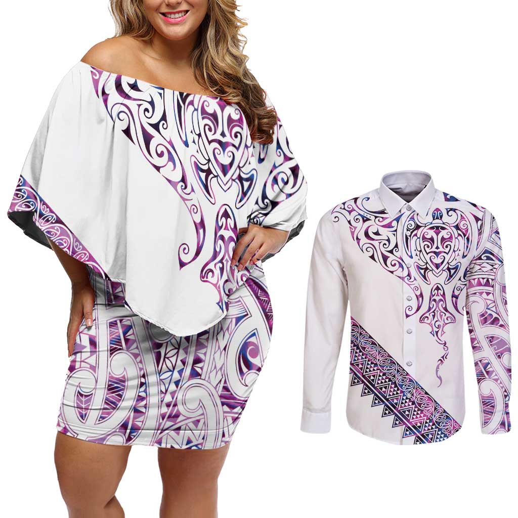 Mawhero Paua shell Kowhaiwhai Taniko Personalised Couples Matching Off Shoulder Short Dress and Long Sleeve Button Shirt Manta Ray Shark-Turtle Maori Tribal Style