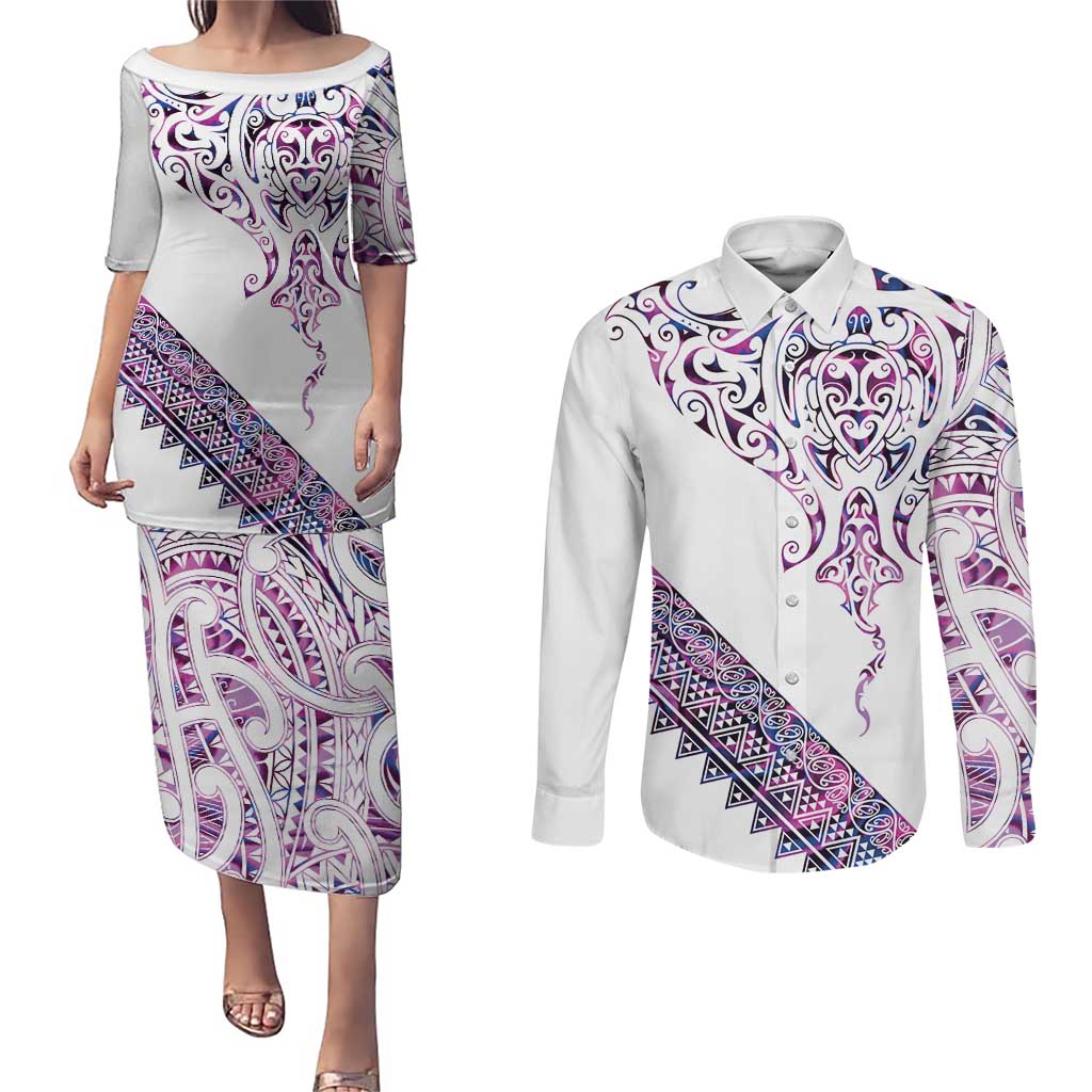 Mawhero Paua shell Kowhaiwhai Taniko Personalised Couples Matching Puletasi and Long Sleeve Button Shirt Manta Ray Shark-Turtle Maori Tribal Style