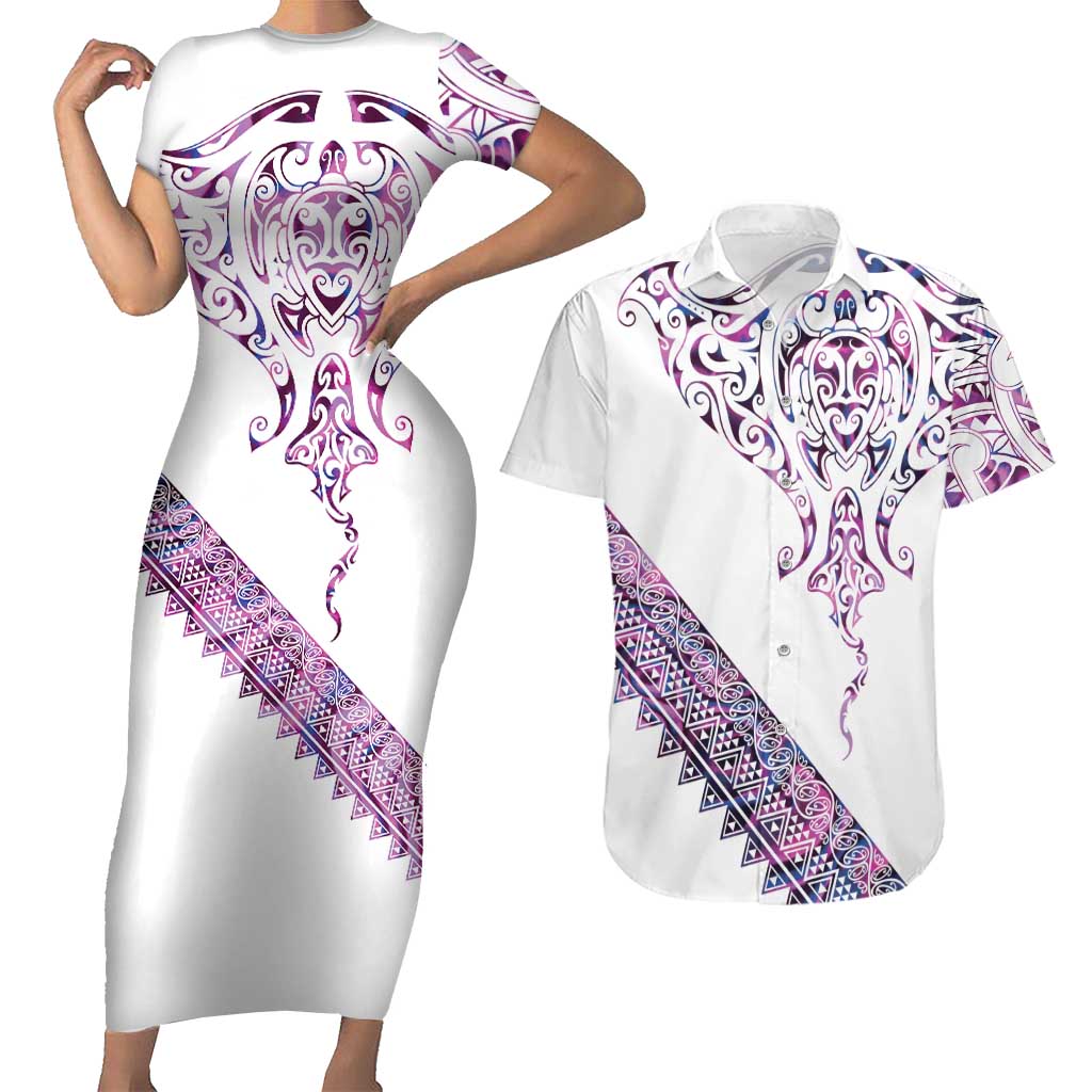 Mawhero Paua shell Kowhaiwhai Taniko Personalised Couples Matching Short Sleeve Bodycon Dress and Hawaiian Shirt Manta Ray Shark-Turtle Maori Tribal Style