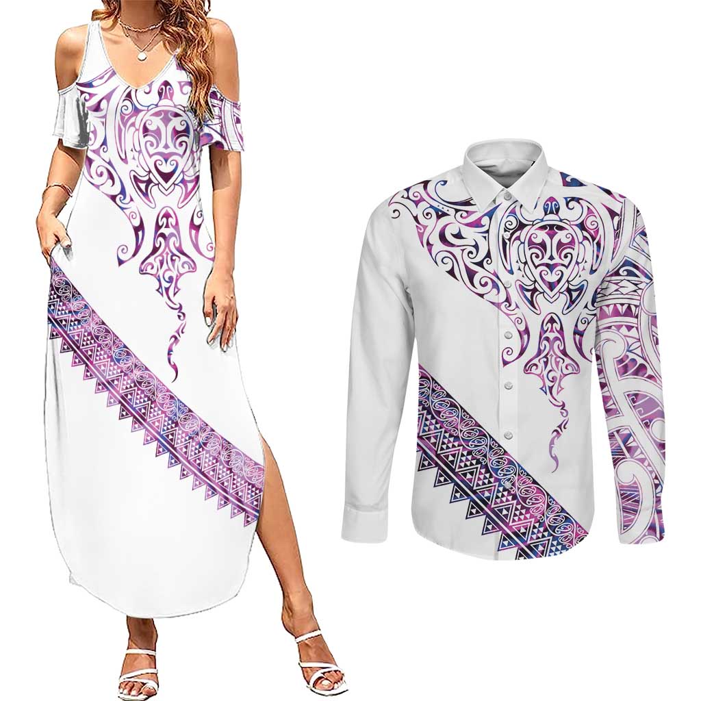 Mawhero Paua shell Kowhaiwhai Taniko Personalised Couples Matching Summer Maxi Dress and Long Sleeve Button Shirt Manta Ray Shark-Turtle Maori Tribal Style