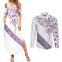 Mawhero Paua shell Kowhaiwhai Taniko Personalised Couples Matching Summer Maxi Dress and Long Sleeve Button Shirt Manta Ray Shark-Turtle Maori Tribal Style