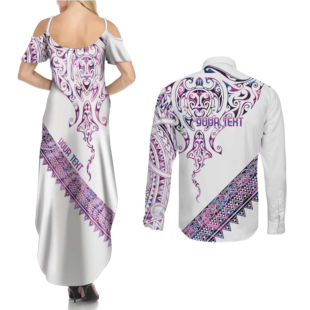 Mawhero Paua shell Kowhaiwhai Taniko Personalised Couples Matching Summer Maxi Dress and Long Sleeve Button Shirt Manta Ray Shark-Turtle Maori Tribal Style