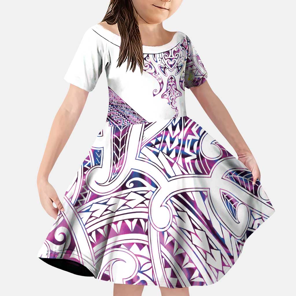 Mawhero Paua shell Kowhaiwhai Taniko Personalised Family Matching Long Sleeve Bodycon Dress and Hawaiian Shirt Manta Ray Shark-Turtle Maori Tribal Style LT9 Daughter's Dress Pink - Polynesian Pride