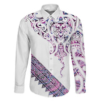 Mawhero Paua shell Kowhaiwhai Taniko Personalised Family Matching Tank Maxi Dress and Hawaiian Shirt Manta Ray Shark-Turtle Maori Tribal Style LT9 Dad's Shirt - Long Sleeve Pink - Polynesian Pride