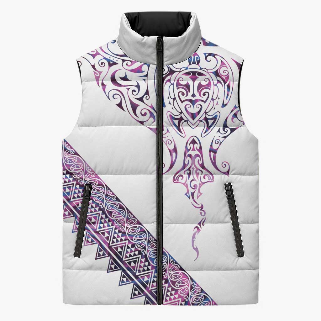 Mawhero Paua shell Kowhaiwhai Taniko Personalised Sleeveless Puffer Jacket Manta Ray Shark-Turtle Maori Tribal Style