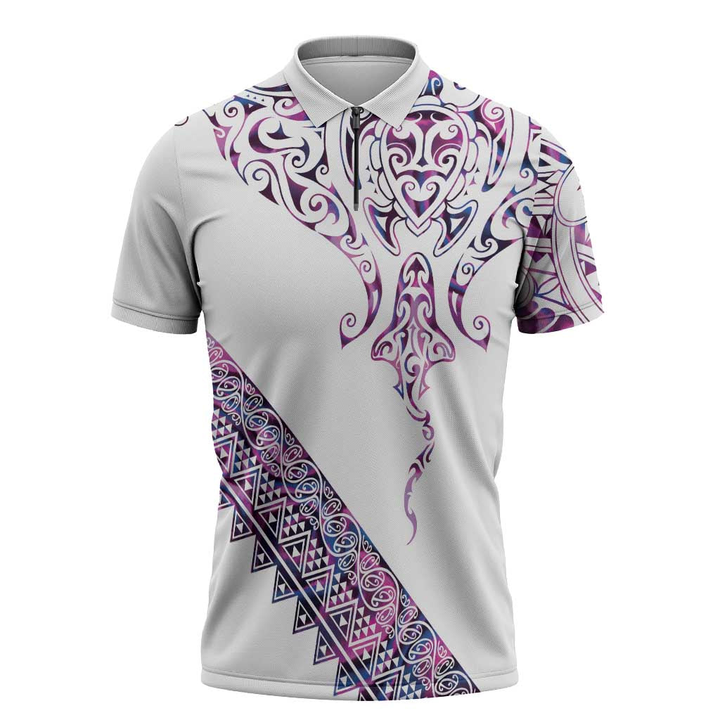 Mawhero Paua shell Kowhaiwhai Taniko Personalised Zipper Polo Shirt Manta Ray Shark-Turtle Maori Tribal Style