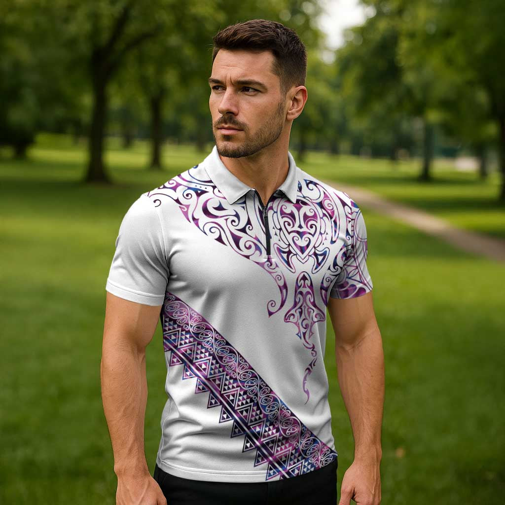 Mawhero Paua shell Kowhaiwhai Taniko Personalised Zipper Polo Shirt Manta Ray Shark-Turtle Maori Tribal Style