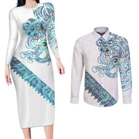 Kahui Whetu Paua shell Kowhaiwhai Taniko Personalised Couples Matching Long Sleeve Bodycon Dress and Long Sleeve Button Shirt Taniwha Maori Tribal Style