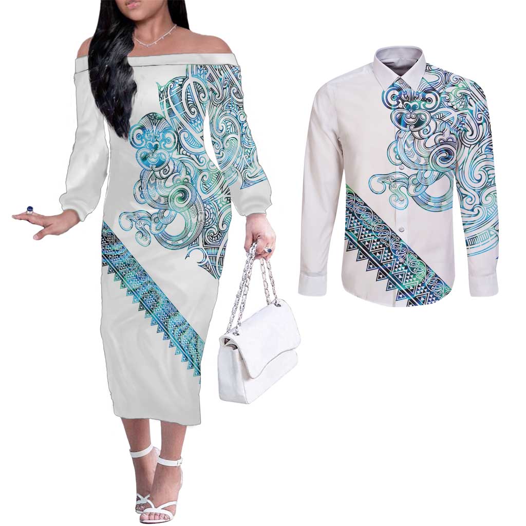 Kahui Whetu Paua shell Kowhaiwhai Taniko Personalised Couples Matching Off The Shoulder Long Sleeve Dress and Long Sleeve Button Shirt Taniwha Maori Tribal Style