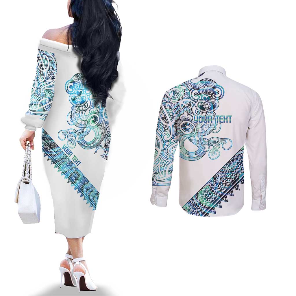 Kahui Whetu Paua shell Kowhaiwhai Taniko Personalised Couples Matching Off The Shoulder Long Sleeve Dress and Long Sleeve Button Shirt Taniwha Maori Tribal Style