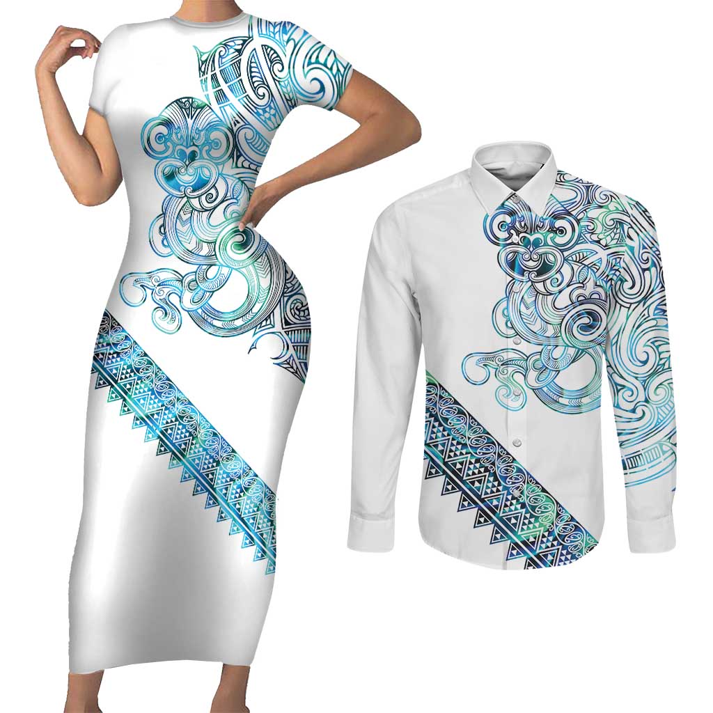 Kahui Whetu Paua shell Kowhaiwhai Taniko Personalised Couples Matching Short Sleeve Bodycon Dress and Long Sleeve Button Shirt Taniwha Maori Tribal Style