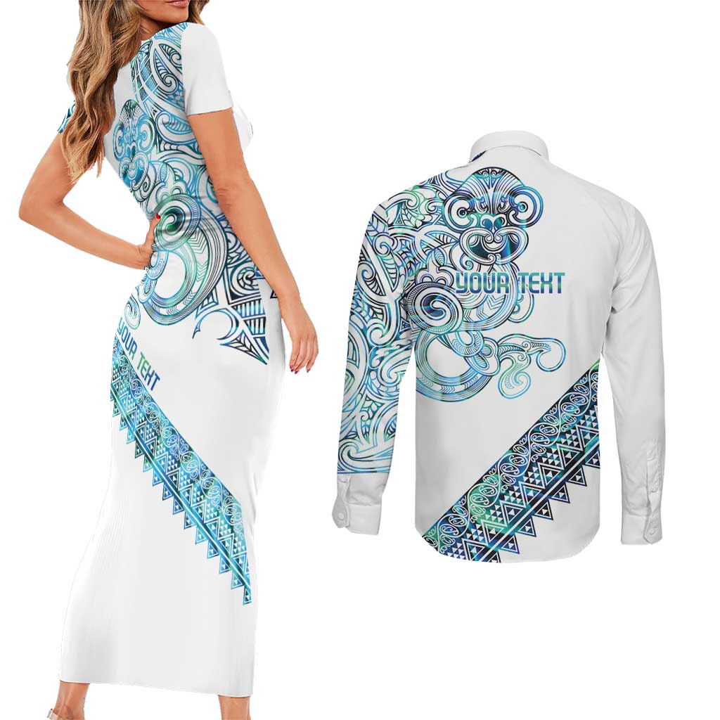 Kahui Whetu Paua shell Kowhaiwhai Taniko Personalised Couples Matching Short Sleeve Bodycon Dress and Long Sleeve Button Shirt Taniwha Maori Tribal Style