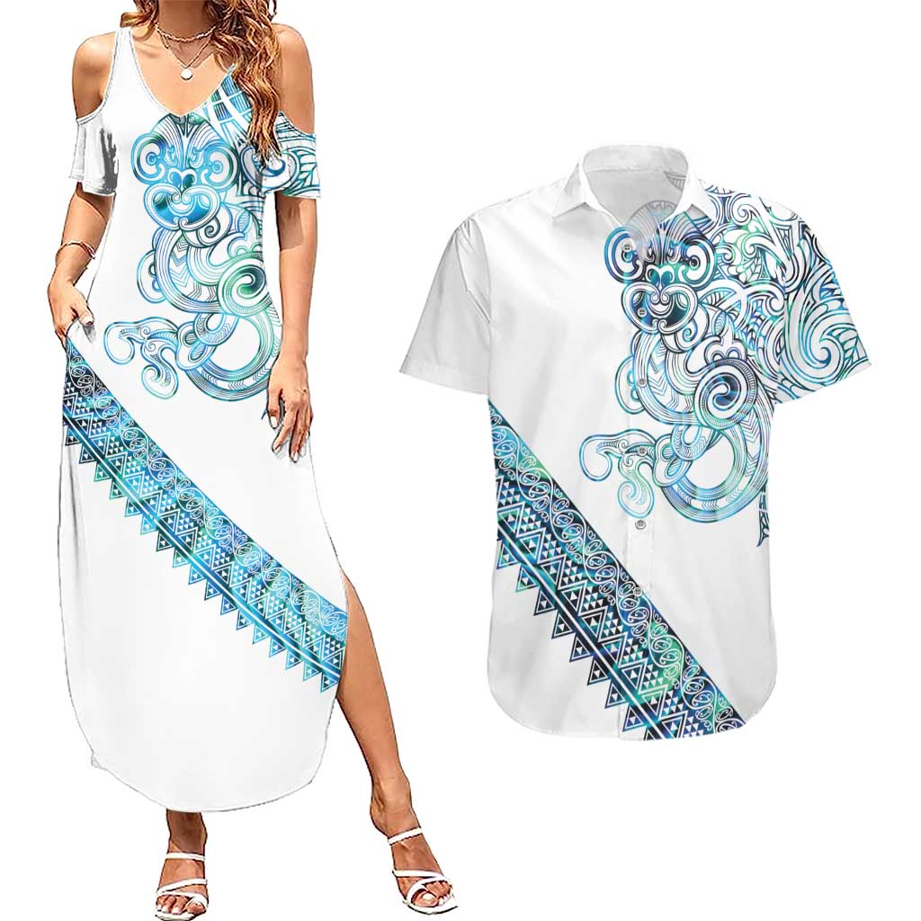 Kahui Whetu Paua shell Kowhaiwhai Taniko Personalised Couples Matching Summer Maxi Dress and Hawaiian Shirt Taniwha Maori Tribal Style
