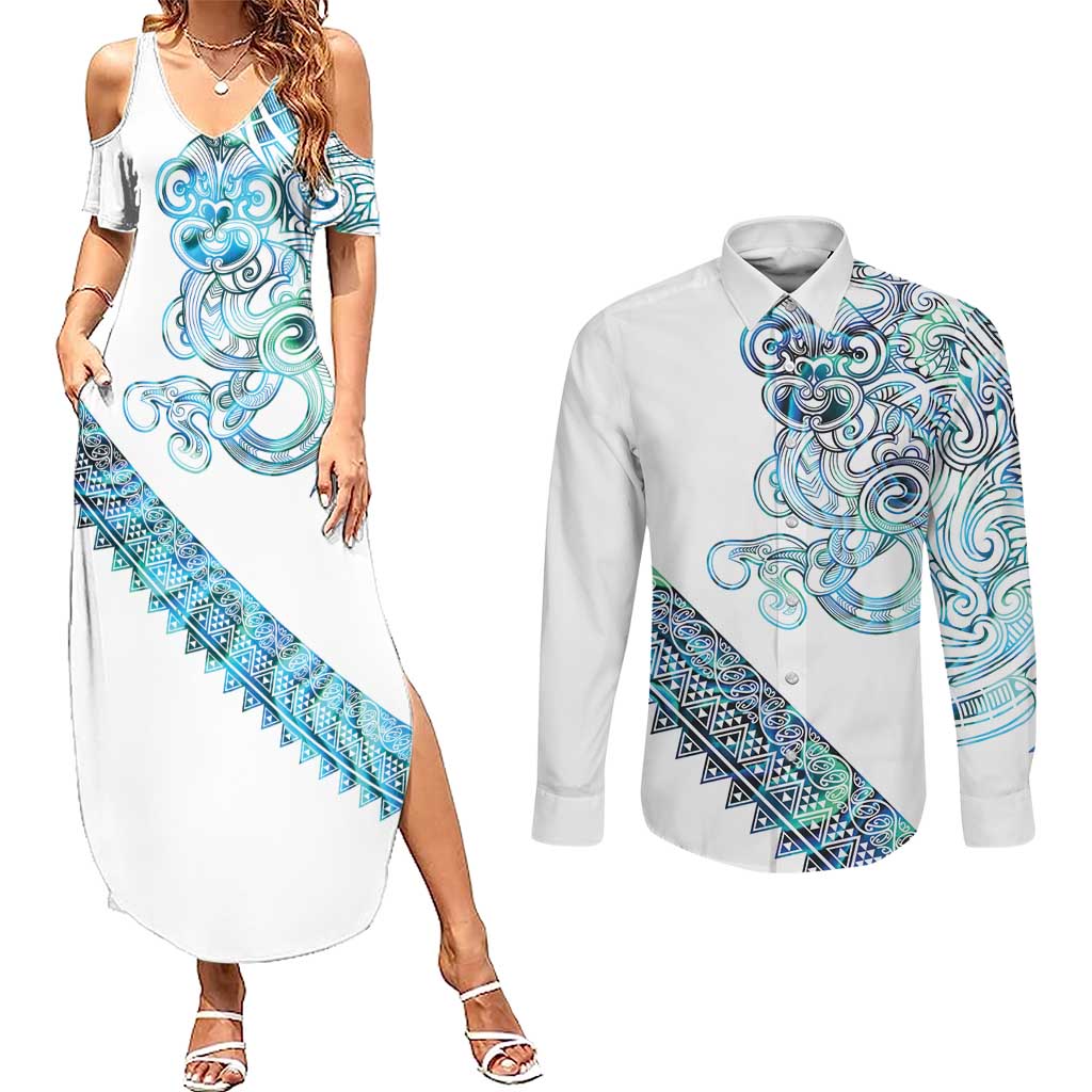 Kahui Whetu Paua shell Kowhaiwhai Taniko Personalised Couples Matching Summer Maxi Dress and Long Sleeve Button Shirt Taniwha Maori Tribal Style