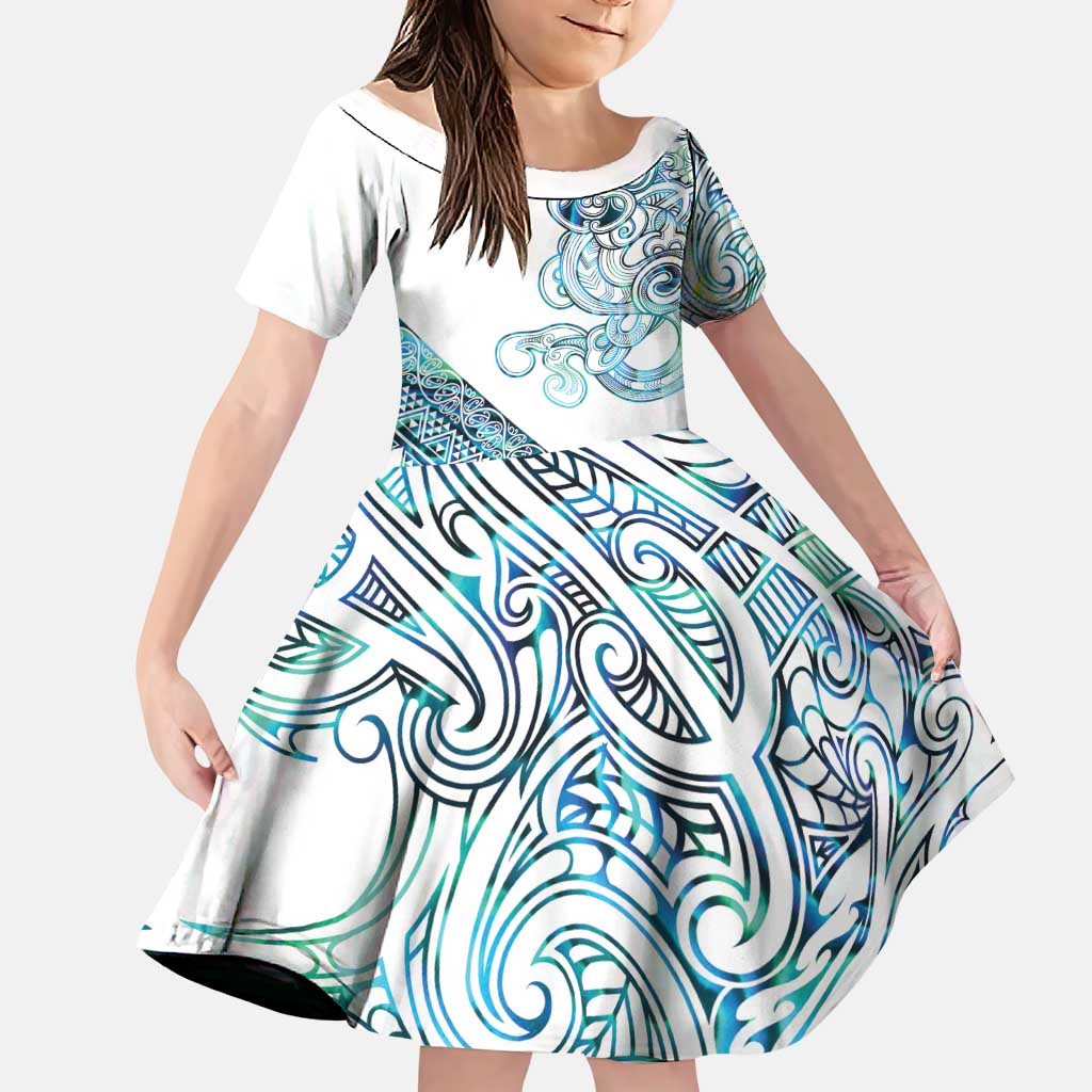 Kahui Whetu Paua shell Kowhaiwhai Taniko Personalised Family Matching Off The Shoulder Long Sleeve Dress and Hawaiian Shirt Taniwha Maori Tribal Style