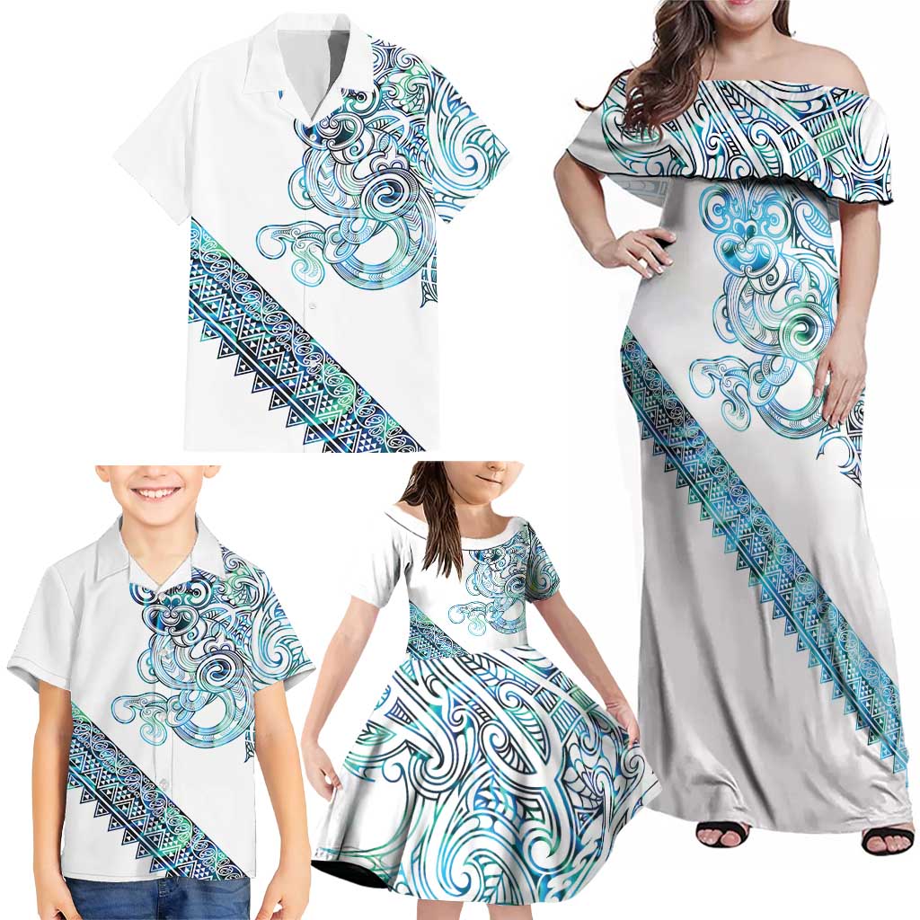 Kahui Whetu Paua shell Kowhaiwhai Taniko Personalised Family Matching Off Shoulder Maxi Dress and Hawaiian Shirt Taniwha Maori Tribal Style