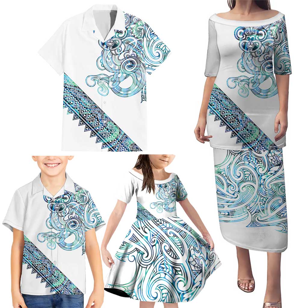 Kahui Whetu Paua shell Kowhaiwhai Taniko Personalised Family Matching Puletasi and Hawaiian Shirt Taniwha Maori Tribal Style