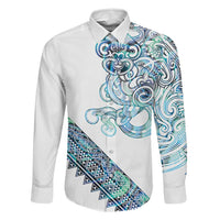 Kahui Whetu Paua shell Kowhaiwhai Taniko Personalised Family Matching Summer Maxi Dress and Hawaiian Shirt Taniwha Maori Tribal Style LT9 Dad's Shirt - Long Sleeve Blue - Polynesian Pride