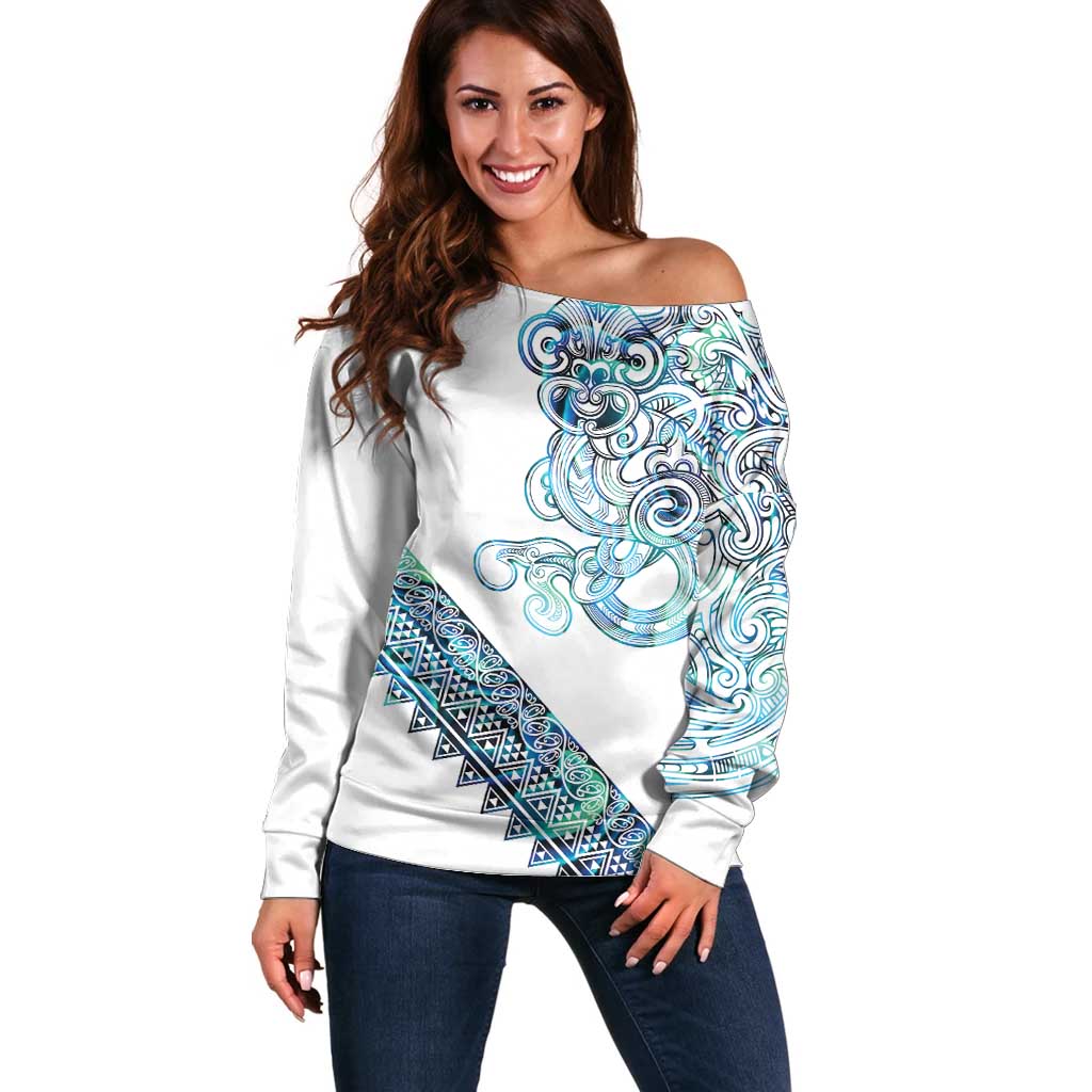 Kahui Whetu Paua shell Kowhaiwhai Taniko Personalised Off Shoulder Sweater Taniwha Maori Tribal Style