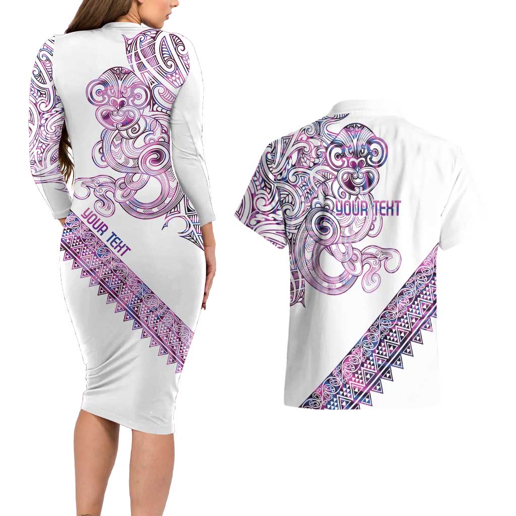 Mawhero Paua shell Kowhaiwhai Taniko Personalised Couples Matching Long Sleeve Bodycon Dress and Hawaiian Shirt Taniwha Maori Tribal Style