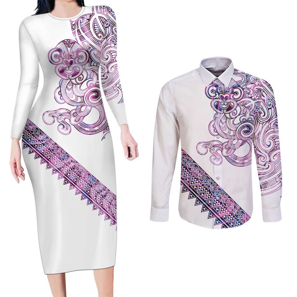 Mawhero Paua shell Kowhaiwhai Taniko Personalised Couples Matching Long Sleeve Bodycon Dress and Long Sleeve Button Shirt Taniwha Maori Tribal Style