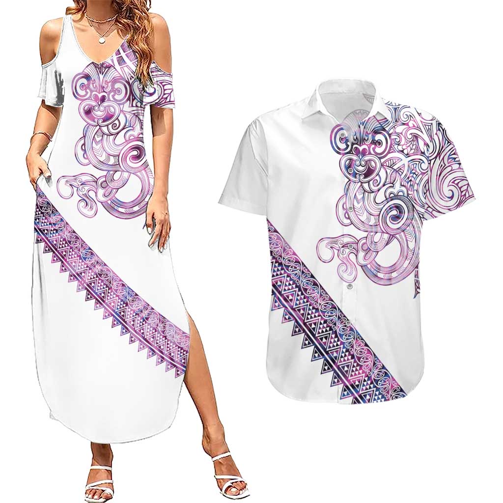 Mawhero Paua shell Kowhaiwhai Taniko Personalised Couples Matching Summer Maxi Dress and Hawaiian Shirt Taniwha Maori Tribal Style