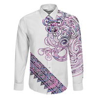 Mawhero Paua shell Kowhaiwhai Taniko Personalised Family Matching Off The Shoulder Long Sleeve Dress and Hawaiian Shirt Taniwha Maori Tribal Style LT9 Dad's Shirt - Long Sleeve Pink - Polynesian Pride