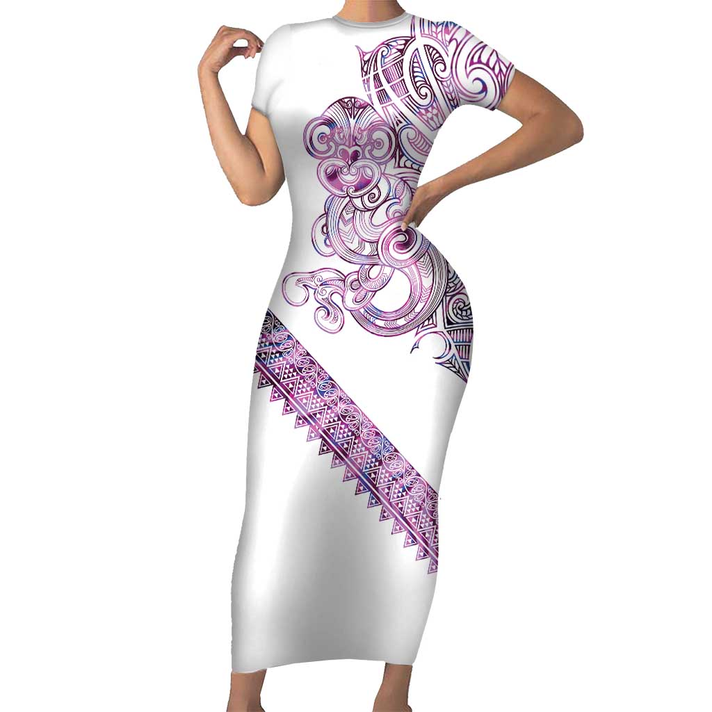 Mawhero Paua shell Kowhaiwhai Taniko Personalised Short Sleeve Bodycon Dress Taniwha Maori Tribal Style