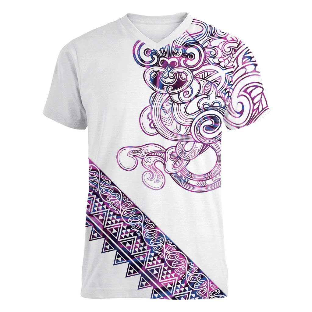 Mawhero Paua shell Kowhaiwhai Taniko Personalised Women V-Neck T-Shirt Taniwha Maori Tribal Style