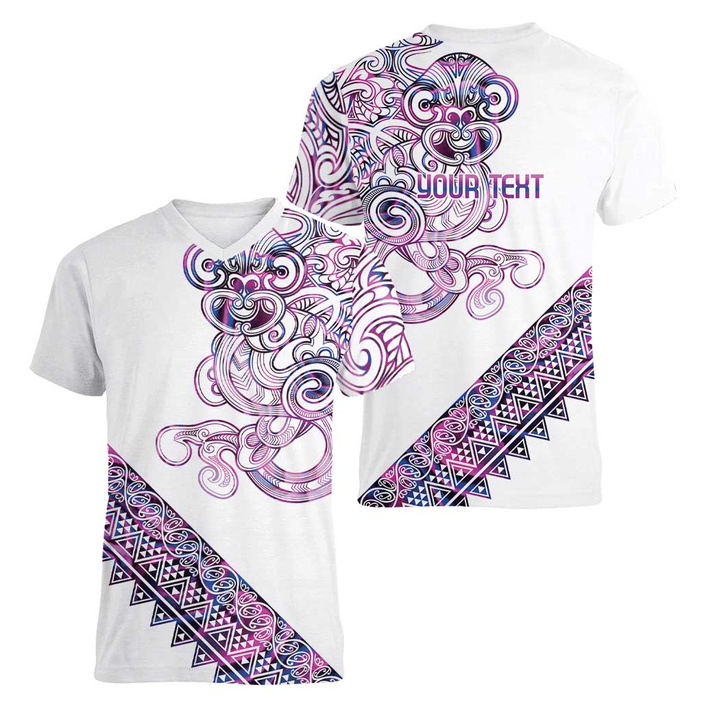 Mawhero Paua shell Kowhaiwhai Taniko Personalised Women V-Neck T-Shirt Taniwha Maori Tribal Style
