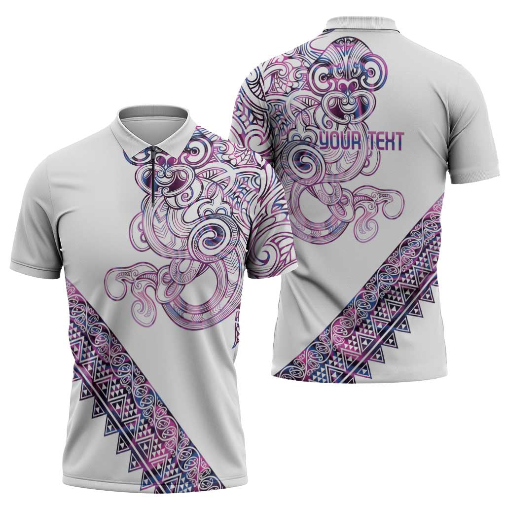 Mawhero Paua shell Kowhaiwhai Taniko Personalised Zipper Polo Shirt Taniwha Maori Tribal Style
