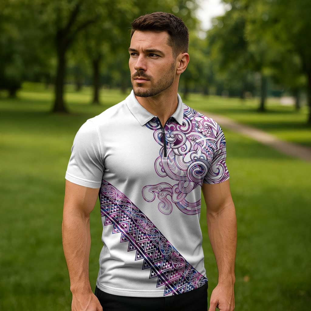 Mawhero Paua shell Kowhaiwhai Taniko Personalised Zipper Polo Shirt Taniwha Maori Tribal Style