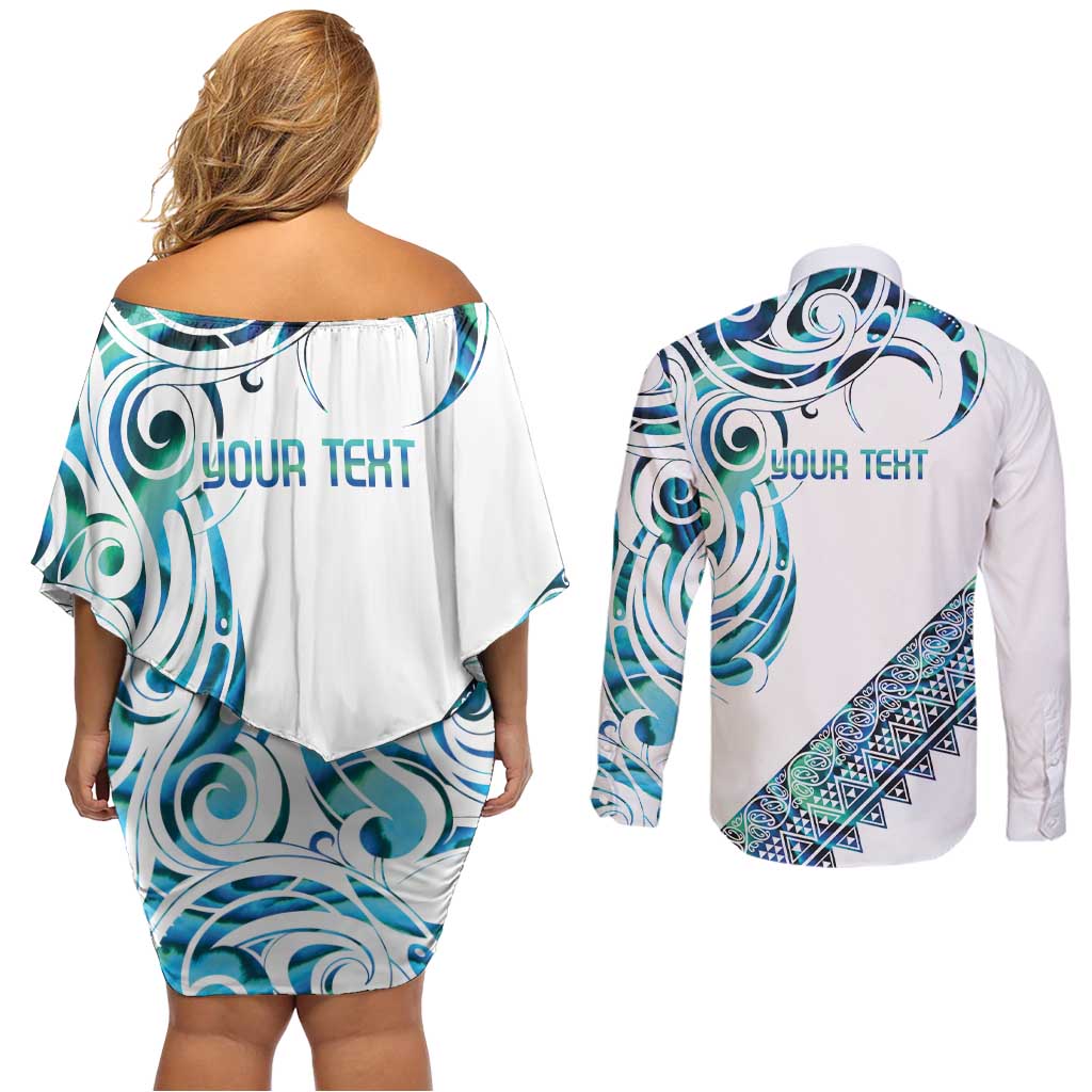 Kahui Whetu Paua shell Kowhaiwhai Taniko Personalised Couples Matching Off Shoulder Short Dress and Long Sleeve Button Shirt Turtle Tattoo Maori Tribal Style