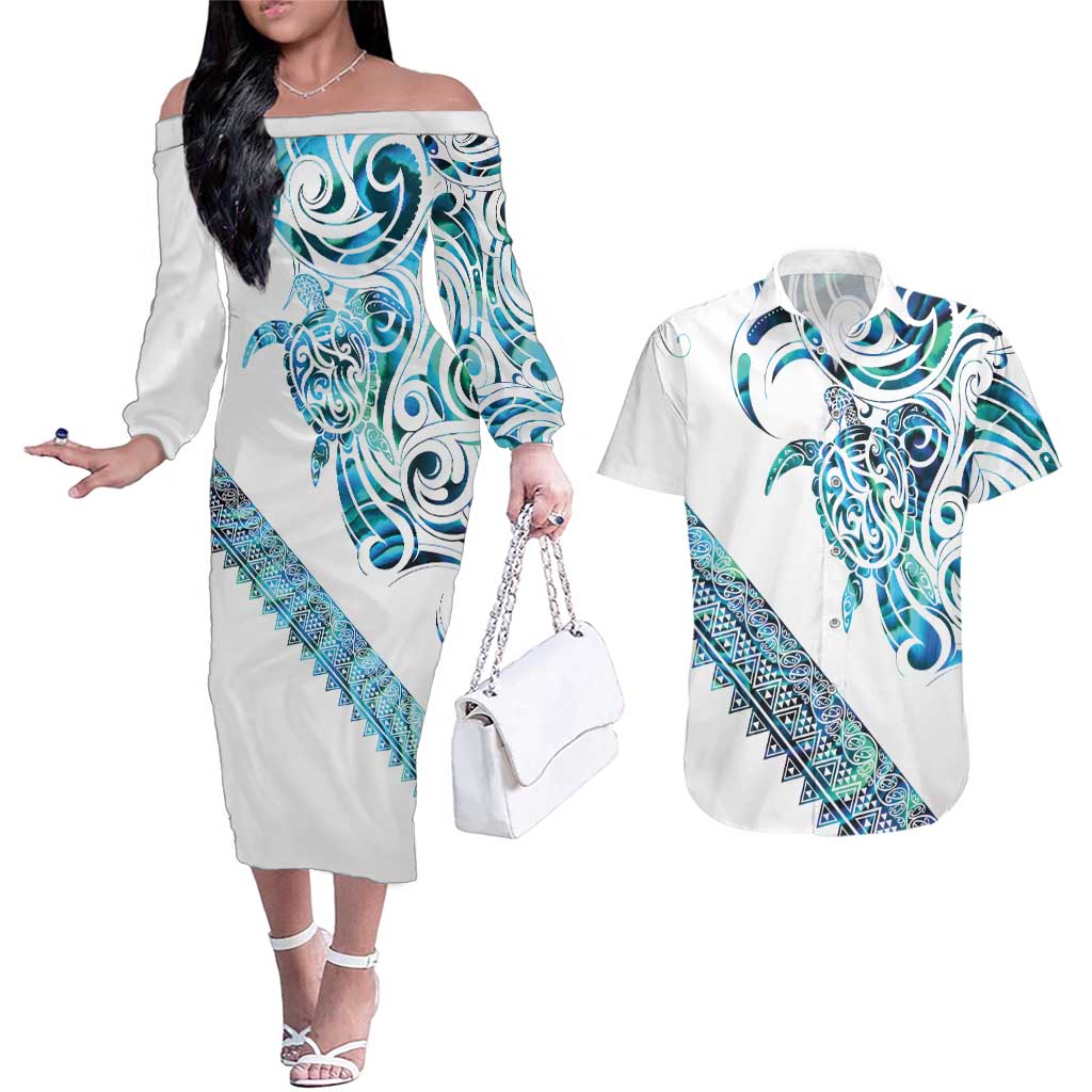 Kahui Whetu Paua shell Kowhaiwhai Taniko Personalised Couples Matching Off The Shoulder Long Sleeve Dress and Hawaiian Shirt Turtle Tattoo Maori Tribal Style