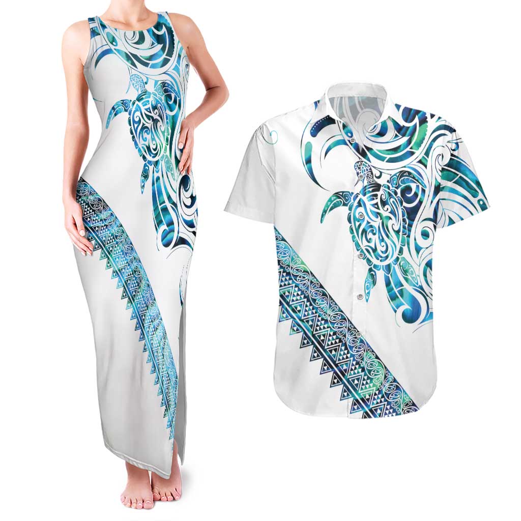 Kahui Whetu Paua shell Kowhaiwhai Taniko Personalised Couples Matching Tank Maxi Dress and Hawaiian Shirt Turtle Tattoo Maori Tribal Style
