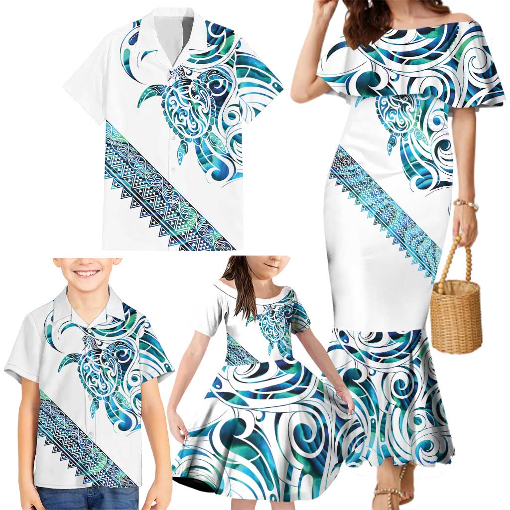 Kahui Whetu Paua shell Kowhaiwhai Taniko Personalised Family Matching Mermaid Dress and Hawaiian Shirt Turtle Tattoo Maori Tribal Style
