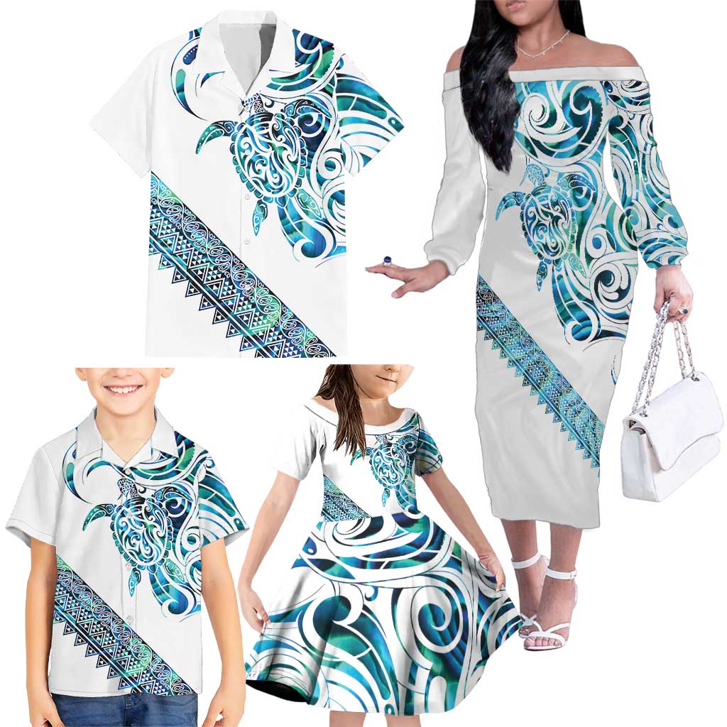 Kahui Whetu Paua shell Kowhaiwhai Taniko Personalised Family Matching Off The Shoulder Long Sleeve Dress and Hawaiian Shirt Turtle Tattoo Maori Tribal Style