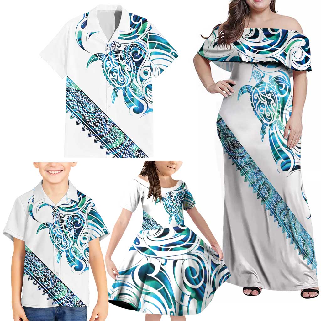 Kahui Whetu Paua shell Kowhaiwhai Taniko Personalised Family Matching Off Shoulder Maxi Dress and Hawaiian Shirt Turtle Tattoo Maori Tribal Style