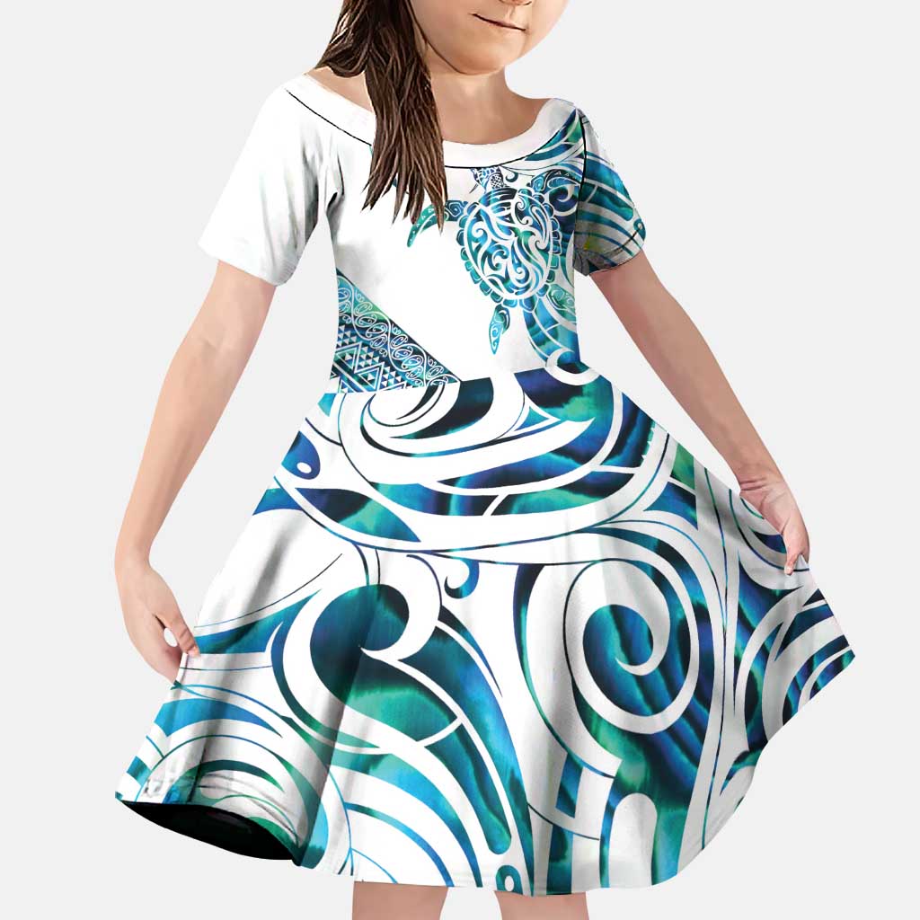Kahui Whetu Paua shell Kowhaiwhai Taniko Personalised Family Matching Off Shoulder Short Dress and Hawaiian Shirt Turtle Tattoo Maori Tribal Style