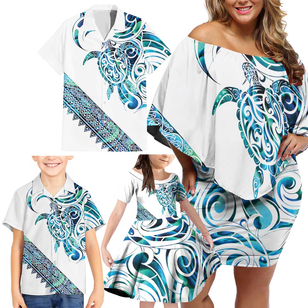 Kahui Whetu Paua shell Kowhaiwhai Taniko Personalised Family Matching Off Shoulder Short Dress and Hawaiian Shirt Turtle Tattoo Maori Tribal Style