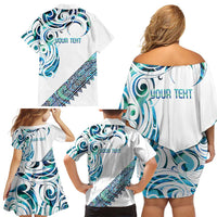 Kahui Whetu Paua shell Kowhaiwhai Taniko Personalised Family Matching Off Shoulder Short Dress and Hawaiian Shirt Turtle Tattoo Maori Tribal Style