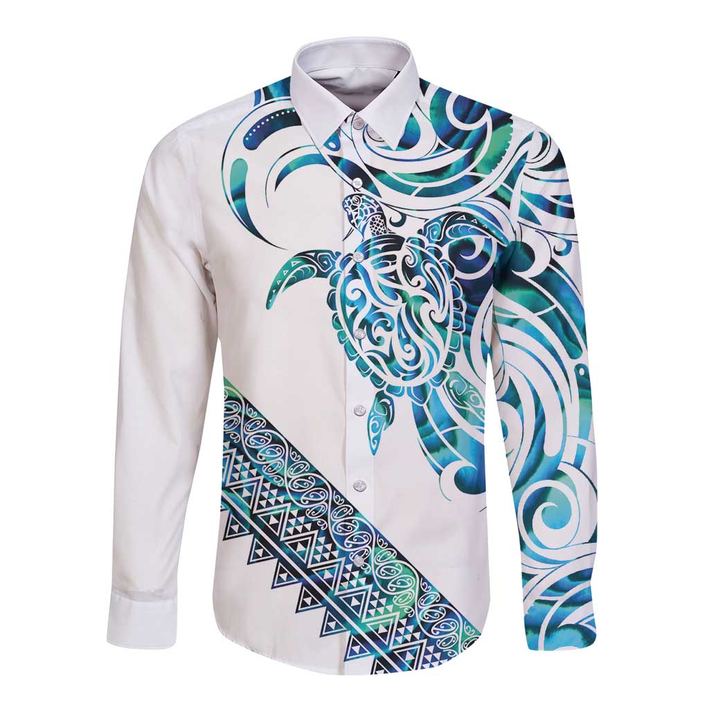 Kahui Whetu Paua shell Kowhaiwhai Taniko Personalised Long Sleeve Button Shirt Turtle Tattoo Maori Tribal Style