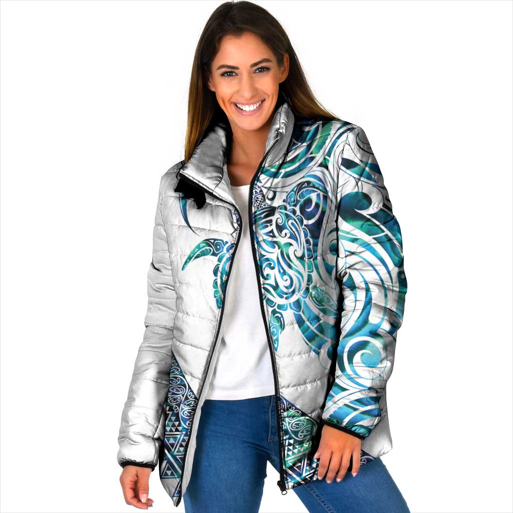 Kahui Whetu Paua shell Kowhaiwhai Taniko Personalised Padded Jacket Turtle Tattoo Maori Tribal Style LT9 Women Blue - Polynesian Pride